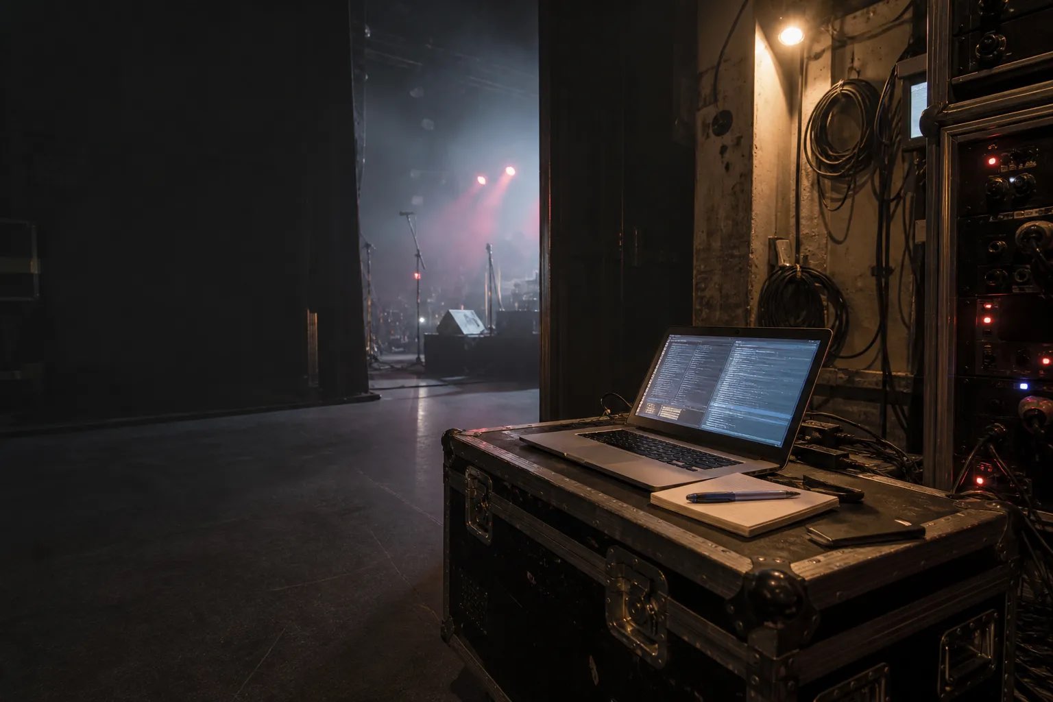 A laptop on a flight case beside a dim concert stage